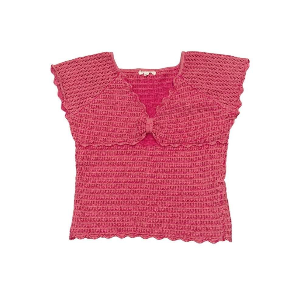 Oli & Hali Womens XL Coral Pink 100% Cotton Crochet Knit Bow Top Scalloped Boho